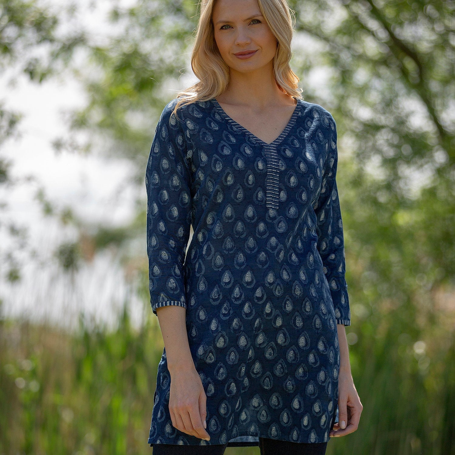 SALE Long KURTA TOP - All sizes - Style 2 - Denim blue with off white motif - 100% lightweight cotton/tunic/3/4 sleeve/patterned top
