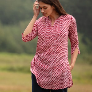 SALE Long KURTA TOP – Style 3 - Bright red with off white motif – 100% cotton/Block Printed/Pintuck Detail/Multi Size/Mid Thigh Length/Tunic