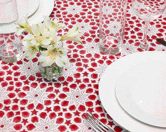 Block Printed Cotton Tablecloth – Square – Bright Red Geometric Star pattern - Hand Block Printed, Cotton, Machine Washable, Square