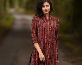 IKAT TUNIC from Orissa – Burgundy with Orange and Gold – 100% cotton