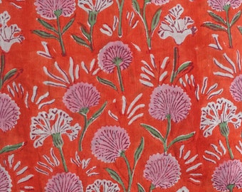 COTTON FABRIC 67 - Dusty pink flowers on deep orange - 100% cotton voile/Hand Block Printed