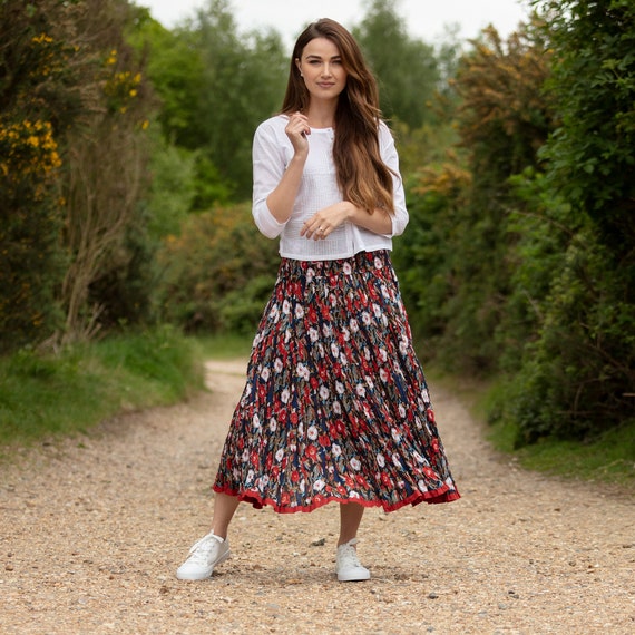 Block Printed Crinkle Skirt One Size 8 to 18 Orange Red Turquoise