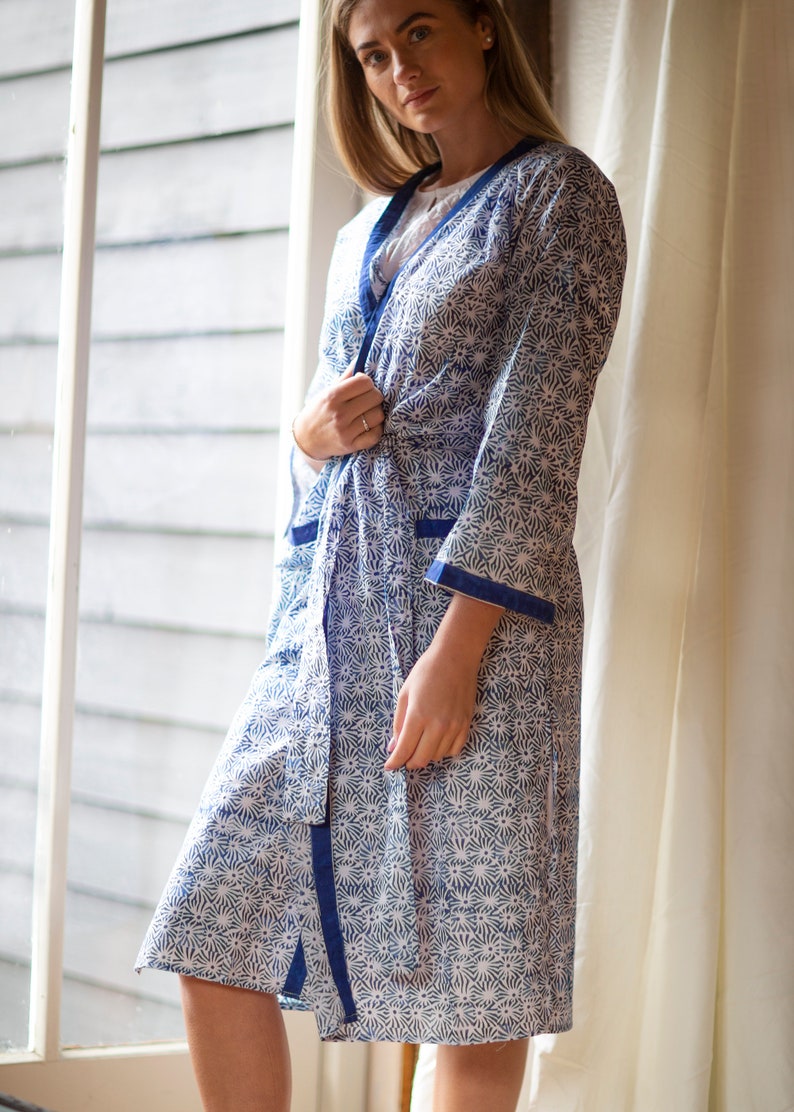 COTTON DRESSING GOWN Hand Block Printed Blue and White - Etsy UK