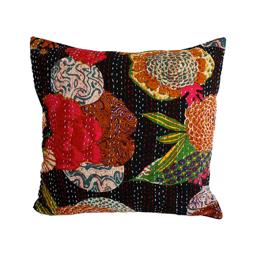 Floral Cushion Cover TROPICAL FLOWER BLACK 40cmx40cm, Cotton, Kantha