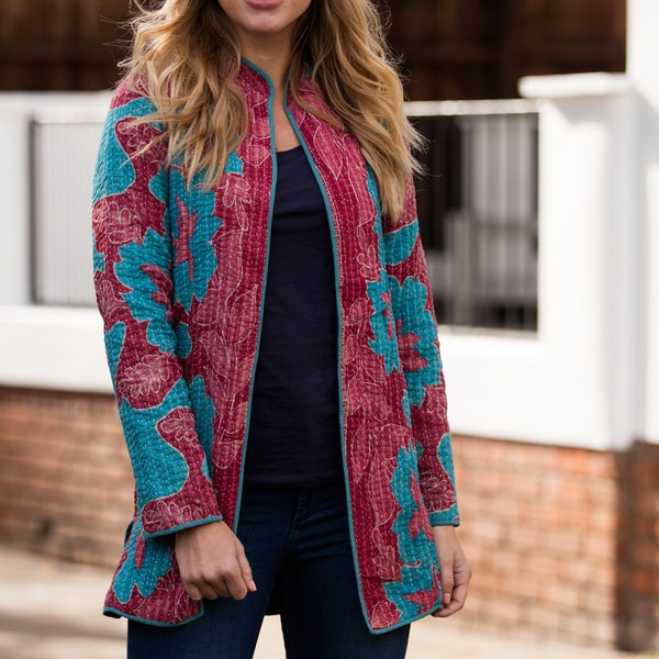 SALE KANTHA JACKET - X Small - Long style - Size 8/10 - Raspberry and turquoise. Reverse similar - Vintage/Unique/Reversible