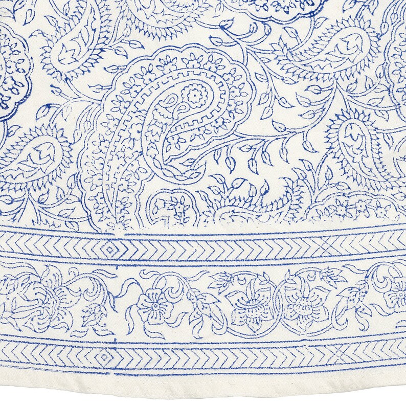 Block printed TABLECLOTH ROUND Blue and off white fine paisley pattern