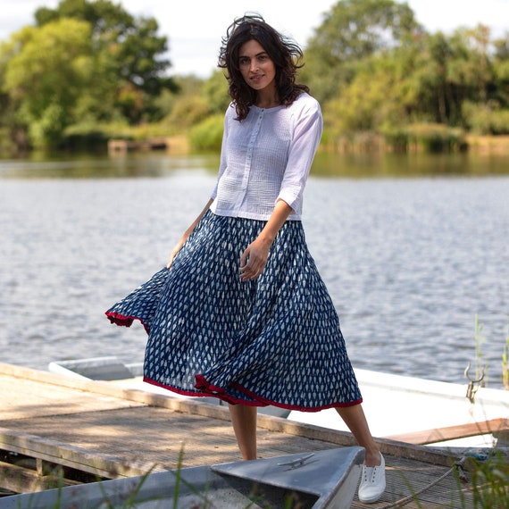 One size 8 to 18 Block Printed CRINKLE SKIRT Indigo with ...