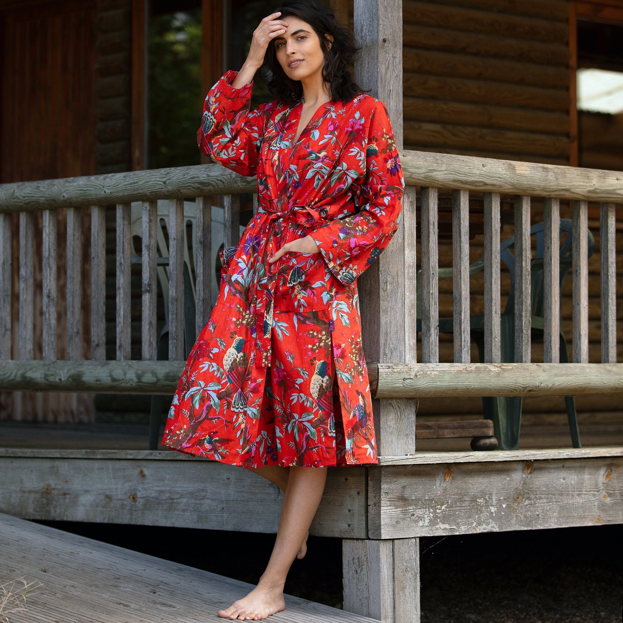 COTTON DRESSING GOWN Hand Silk Screen Printed Bright Red - Etsy Singapore