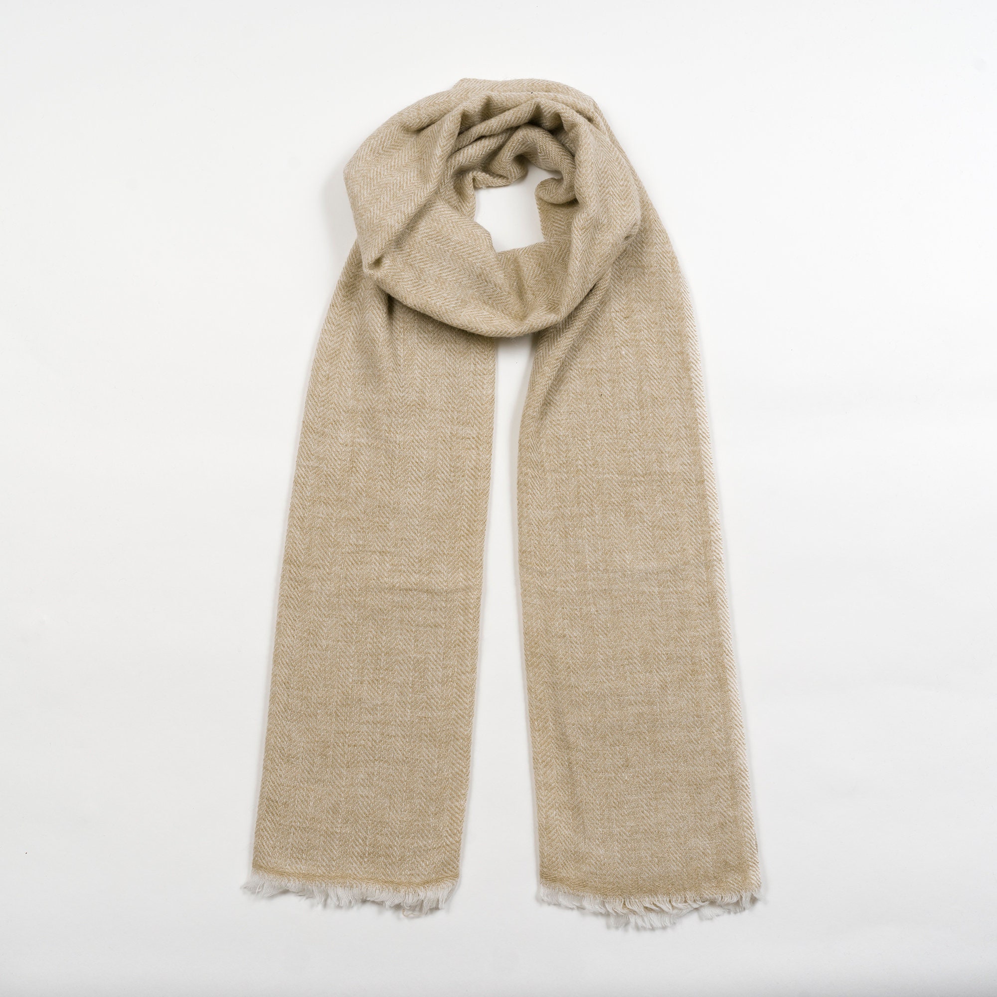 Merino Wool with Cashmere Scarf - Beige Wide Herringbone