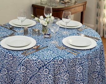 Block printed TABLECLOTH ROUND - Blue and white flower pattern - Hand Block Printed, Cotton, Machine Washable, Round