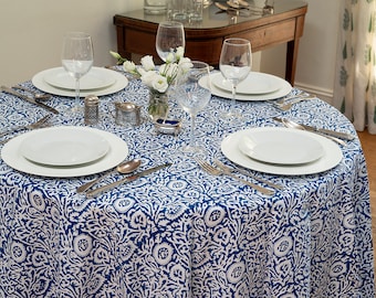 Block printed TABLECLOTH ROUND - Blue and white flower pattern - Hand Block Printed, Cotton, Machine Washable, Round