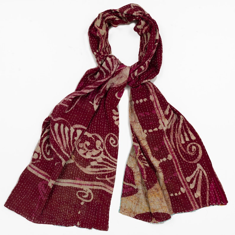 Blue KANTHA SCARF Red and Ochre Reverse Purple with Black