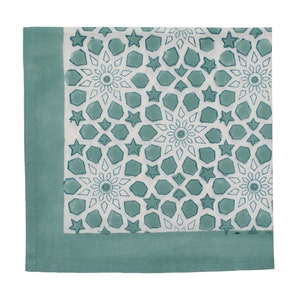 Block Printed Cotton Napkins Set of Four Sea Glass Green Geometric Star pattern image 3