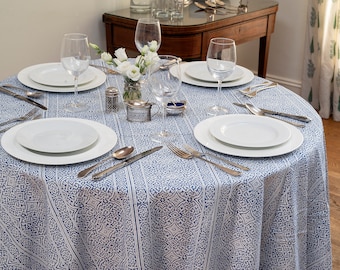 Block printed TABLECLOTH ROUND - Blue design on Off White - Hand Block Printed, Cotton, Machine Washable, Round