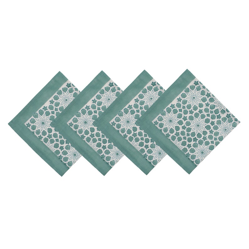 Block Printed Cotton Napkins Set of Four Sea Glass Green Geometric Star pattern image 2