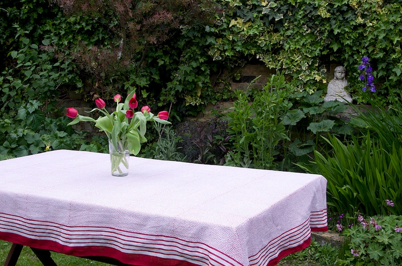 LIGHT COTTON TABLECLOTH Red Dots on White background Block Printed, Multi Purpose, Colourful, Rectangle, Sarong image 1