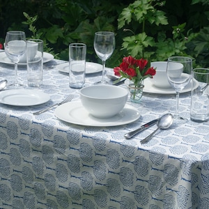 Block printed TABLECLOTH - Blue Tree Design - Hand Block Printed, Cotton, Machine Washable, Rectangle