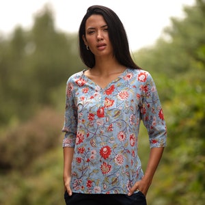 SALE Mid Length KURTA TOP – Style 11 - Pale Blue with Red Coral Flowers – Women&#39;s Top/Patterned Top/Hand Block/100% lightweight cotton