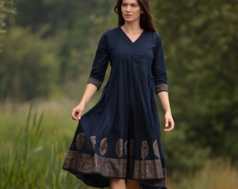 SALE DRESS - All sizes - Sattyam Navy blue with gold border - 100% cotton