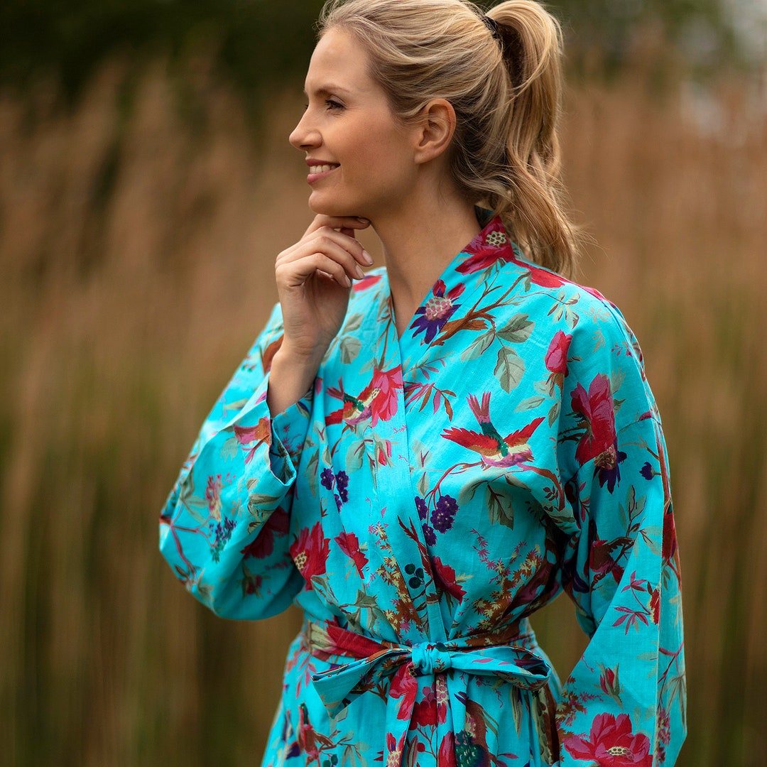 COTTON DRESSING GOWN Hand Silk Screen Printed Aquamarine Bird of