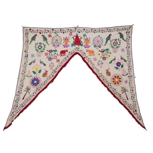 VINTAGE TEXTILE - Ganesh Toran - Vintage Ganesh door hanging with Grey and Red Edging.