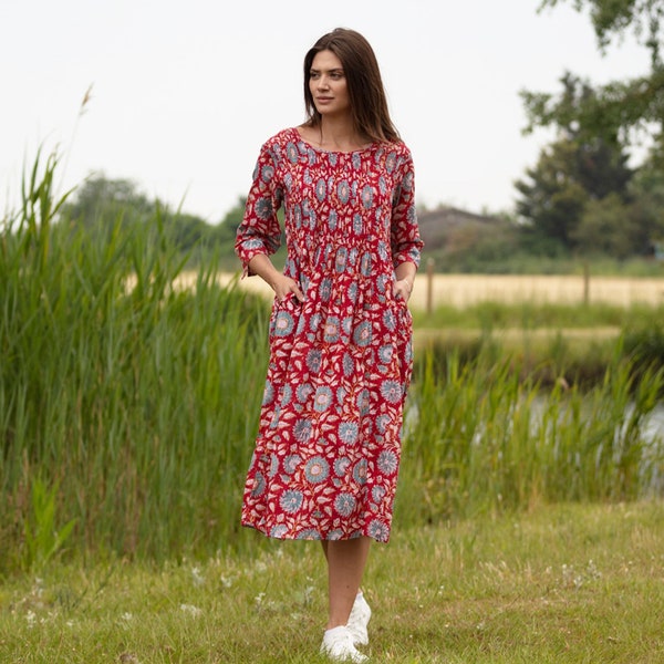 SALE CHINAR DRESS - Rot mit petrol und cremefarbenen Blumen - 100% Baumwolle / Sommerkleid / leichtes Kleid / Kleid mit Falten vorne