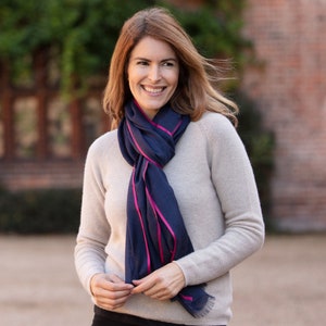 FINE WOOL Scarf Navy Blue with Pink Border Gift image 1