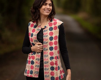 SALE KANTHA Waistcoat - X Small size - Beige with Black and Raspberry. Reverse Multicoloured - Vintage/Kantha Stitched/Cotton/Unique/Vest