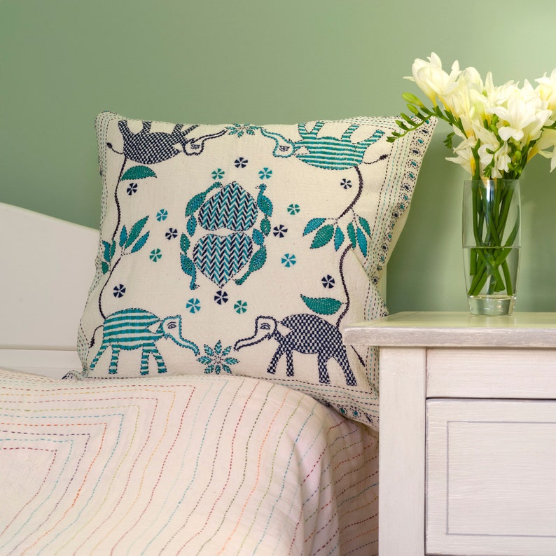 Embroidered Bengali CUSHION COVER Elephants, Peacocks & Flowers Bird