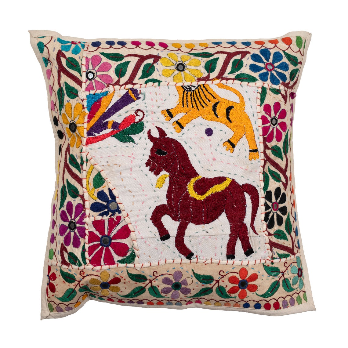 Embroidered Gujarati Cushion Cover 44cm x 44cm Horse Lion Etsy
