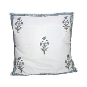 Cushion Cover - BLOCK PRINTED - Blue Flowers with Turquoise