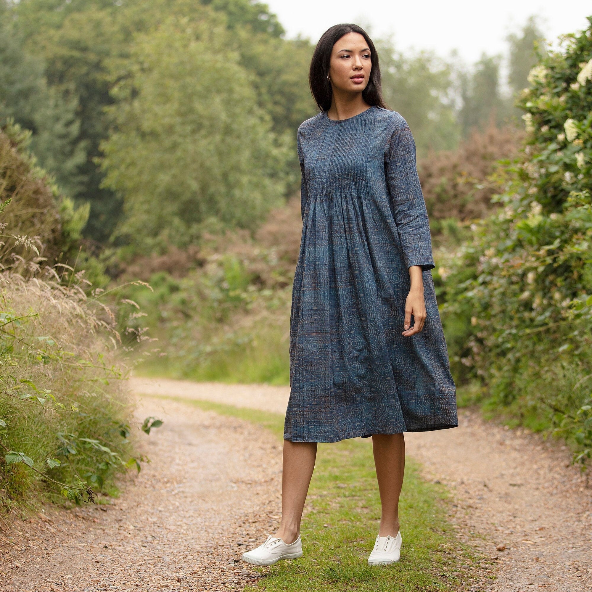 SALE GRACIE DRESS - All sizes - Grey Blue with Circles - 100% cotton/pleated dress/long sleeve dress/loose DRESS