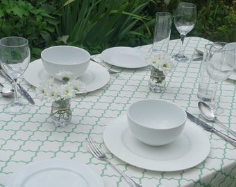 MANTEL estampado en bloque - Diseño de enrejado verde - Estampado en bloque a mano, Algodón, Lavable a máquina, Rectángulo