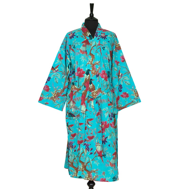 COTTON DRESSING GOWN Hand Silk Screen printed Aquamarine Bird of Paradise design, 3/4 Length, One Size, Machine Washable, Gift for Her image 2