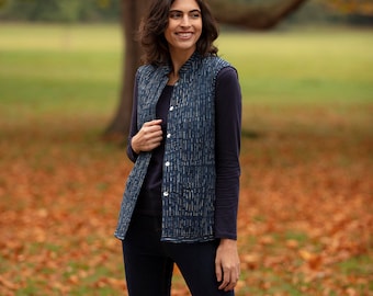 SALE LONG Cotton Quilted WAISTCOAT - Indigo pattern. Reverse Navy - All sizes - Unisex