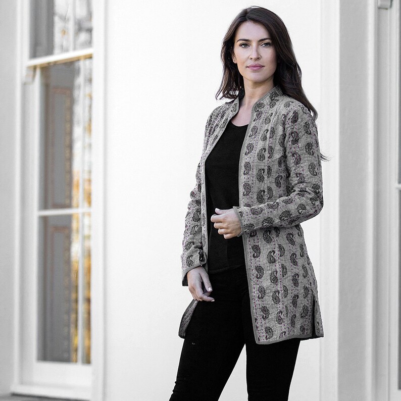 SALE PAISLEY Long JACKET All sizes Grey with Black Paisley design image 5