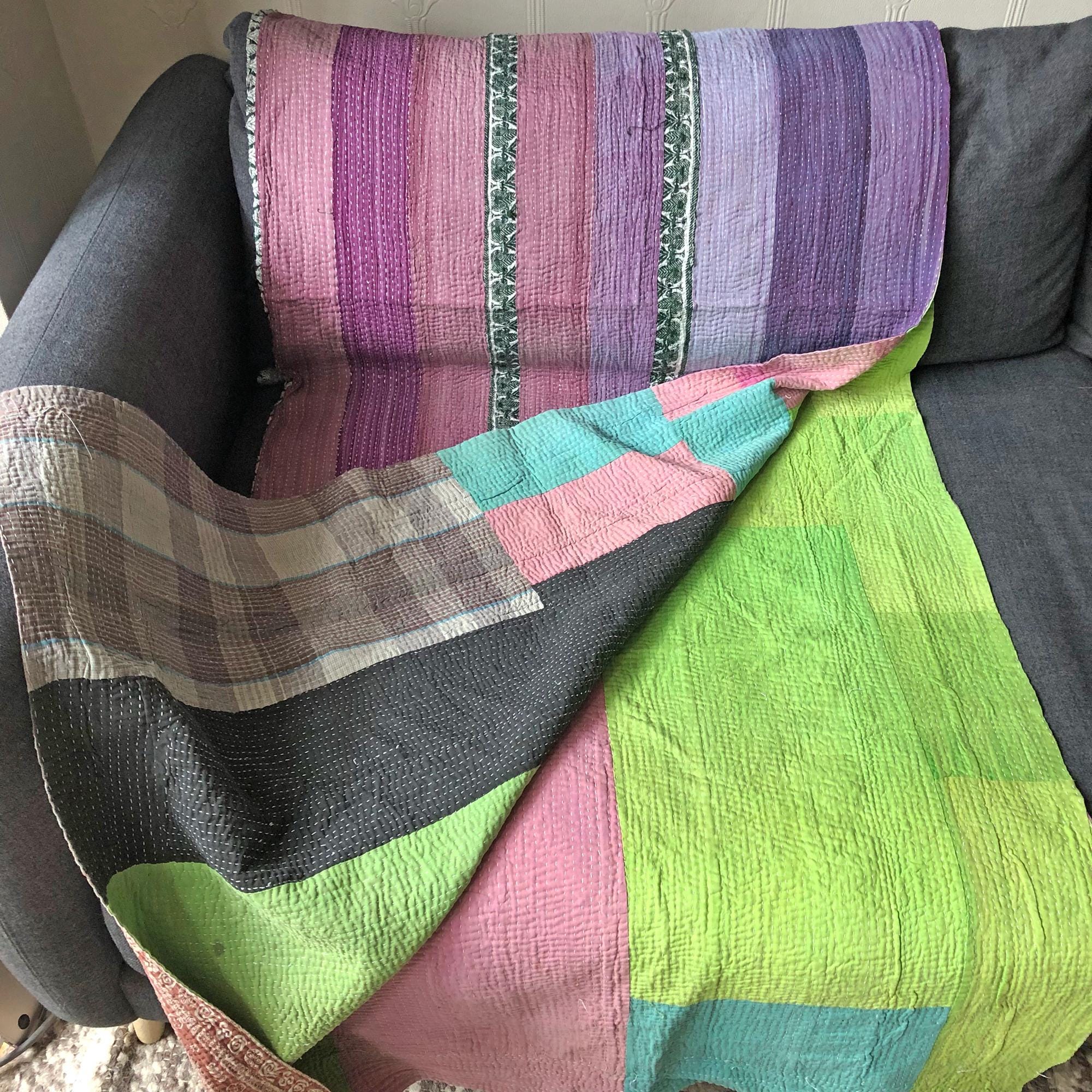 Soldes Plaidé Kantha - Violet Et Lilas. Inversé Multicolore Unique/Unique En Son Genre/Vintage/Qualité Supérieure