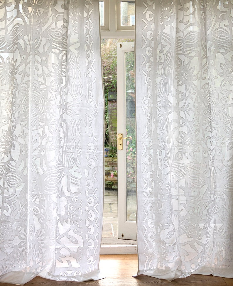 Complete Curtains White Applique On Organdie Etsy