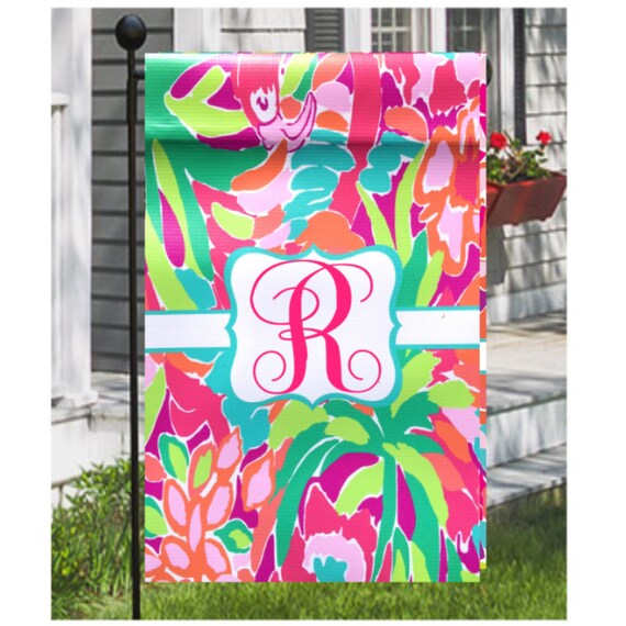 Flamingo Garden Flag, Personalized initial Garden Flag, Watercolor
