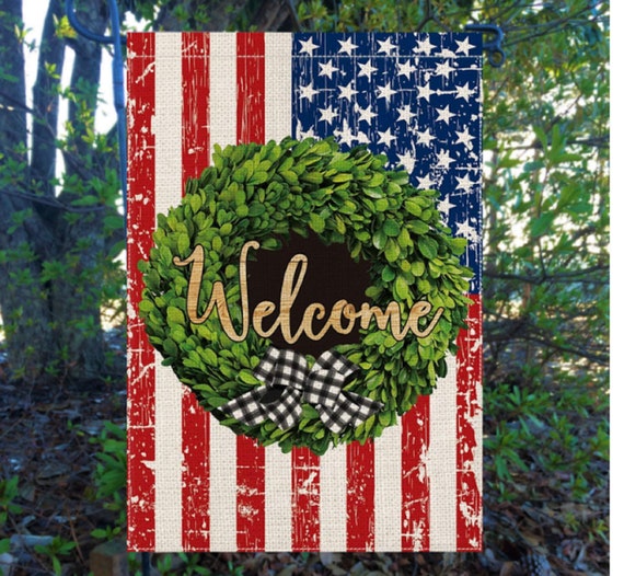 Patriotic Welcome Flags, Rustic American Flag, Summer Garden Flag, July 4th Flag, Red white & Blue Decor Il_570xn