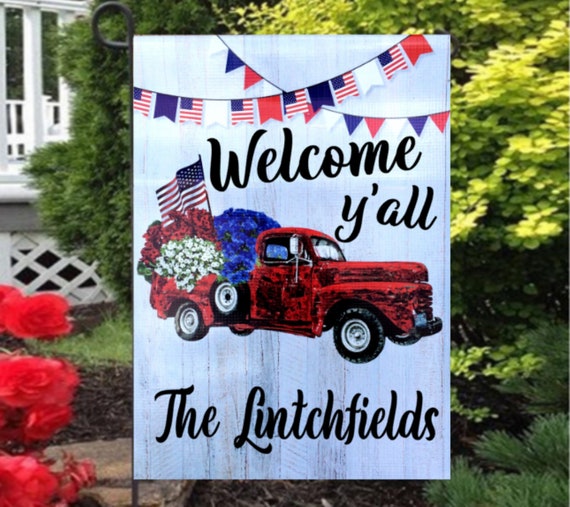 Welcome Y'all Garden Flag , Patriotic Red Truck Flag, Vintage Truck Flags, Patriotic Garden Flags, July 4th Decor, Spring flags, USA Flag Il_570xn