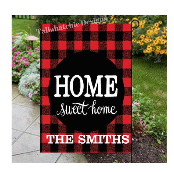 Buffalo Plaid Home Garden Flag, Red Plaid Vinyl yard Flag, Home Sweet Home Flag, Fall Flags, Christmas Flags, Personalized Plaid Flags Il_570xn
