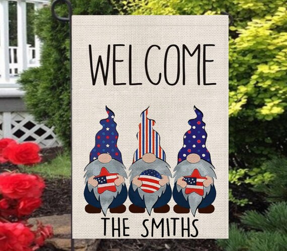 Patriotic Welcome Flags, Patriotic Gnomes Flag, Summer Garden Flag, Personalized July 4th Flag, Red white & Blue Decor Il_570xn