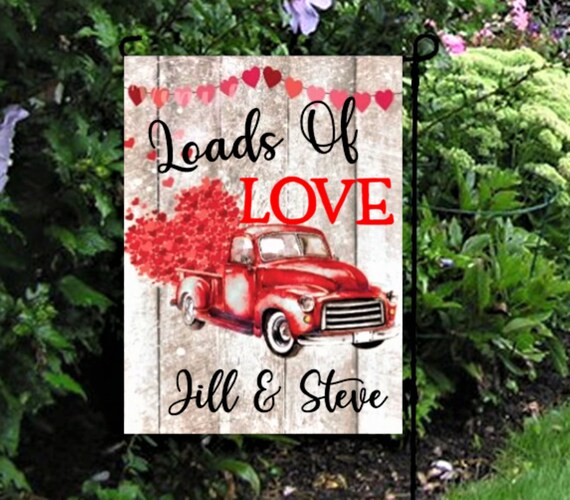Valentines Day Garden Flag, Loads Of Love Truck Flag, Hearts Personalized Garden Flag ,Valentine Yard Sign ,Red Hearts Flag Il_570xn