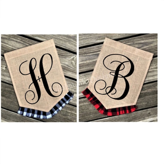 Buffalo Plaid Garden Flag, Initial Flag, Burlap Garden flag, Red/Black Plaid Flags, Personalized flag, Spring Flags, Hostess Gifts Il_570xn