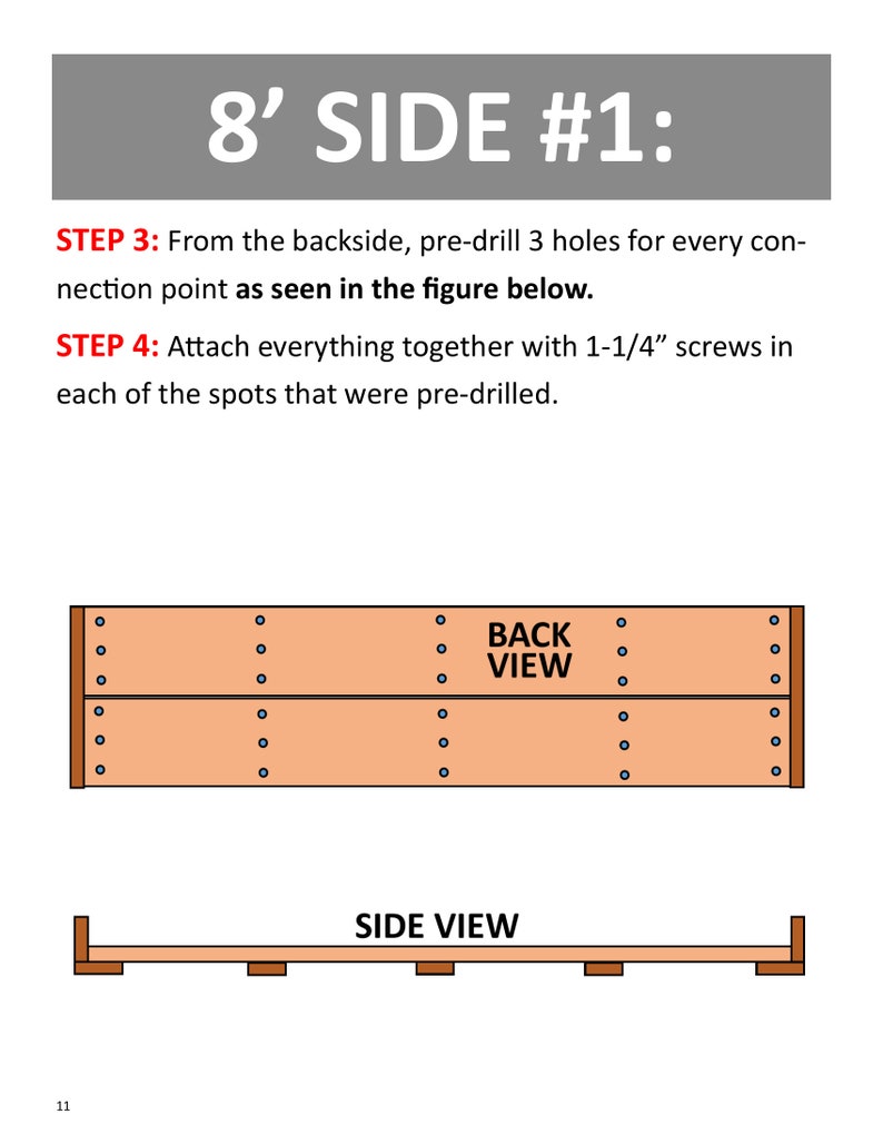 May include: Diagram showing how to assemble an 8 foot long side of a wooden structure. The diagram shows the back and side views of the structure. The back view shows the placement of screws for attaching the side panels. The side view shows the placement of the bottom support beams.