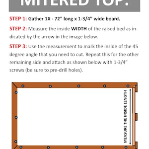 May include: Diagram showing how to build a mitered top for a raised bed. The diagram shows a rectangular frame with a brown wood border and blue dots representing screws. The text "MEASURE THE INSIDE LENGTH" is written vertically on the right side of the frame.