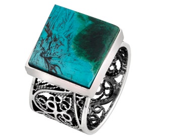 Eilat Stone Silver Ring,Square Ring.Yemenite Filigree Ring,King Solomon Stone Ring ,Blue Green Stone Ring,Teal Gemstone Ring,Israel Jewelry