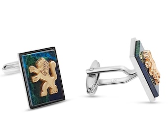 Eilat Stone Cufflinks, Lion of Judah Jerusalem Emblem, Silver and Gold Judaica Jewelry,Cuff Links for Him ,Jewish Men&#39;s Gift ,Lion Cufflinks