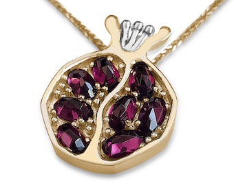 Two Tone Gold Pomegranate Pendant,14K Yellow and White Gold Rimon Necklace,Oval Red Garnet Gemstone Charm,Israel Pomegranate Jewelry for Her